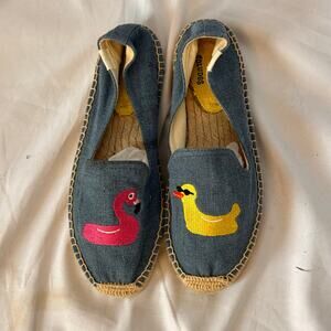 Mary Matson x Soludos Denim Espadrilles Sz 8 Flamingo Duck Embroidered Flats